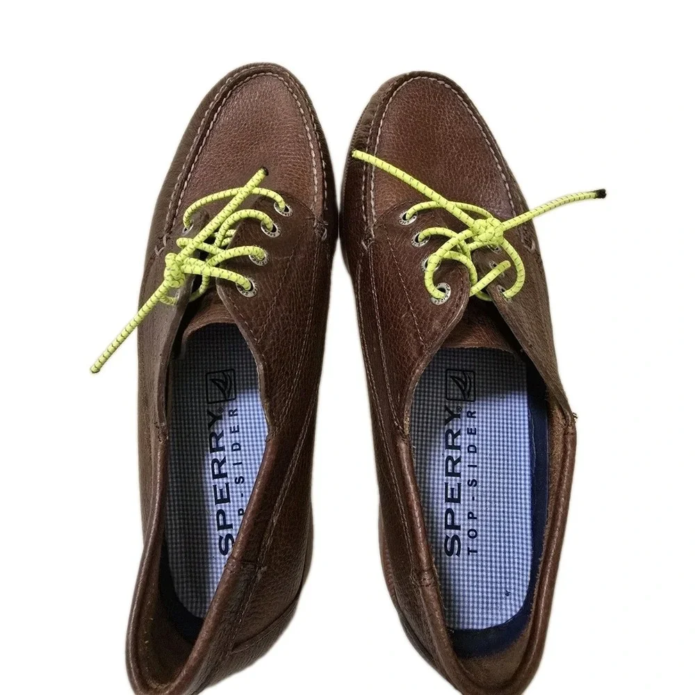 Sperry Mens Ranger Mocs Size‎ 12 Dark Brown Tumbled Leather Lime Green Laces